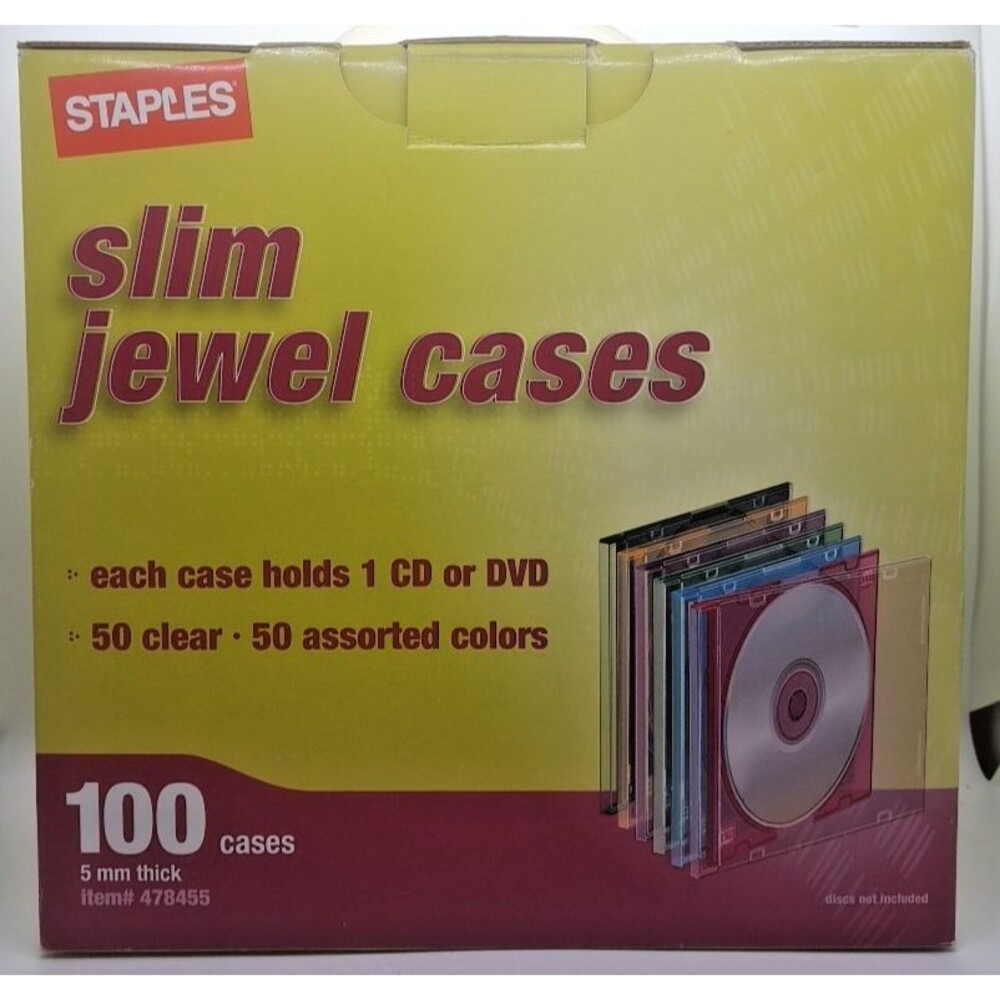 Staples Slim Jewel Cases 100/Pack New In BOX 50 Clear & 50 assorted Colors
